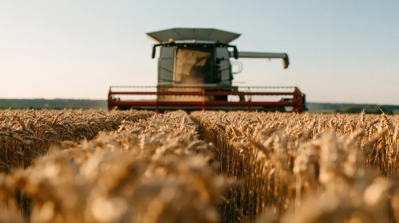 Combine harvester harvesting golden wheat in a field