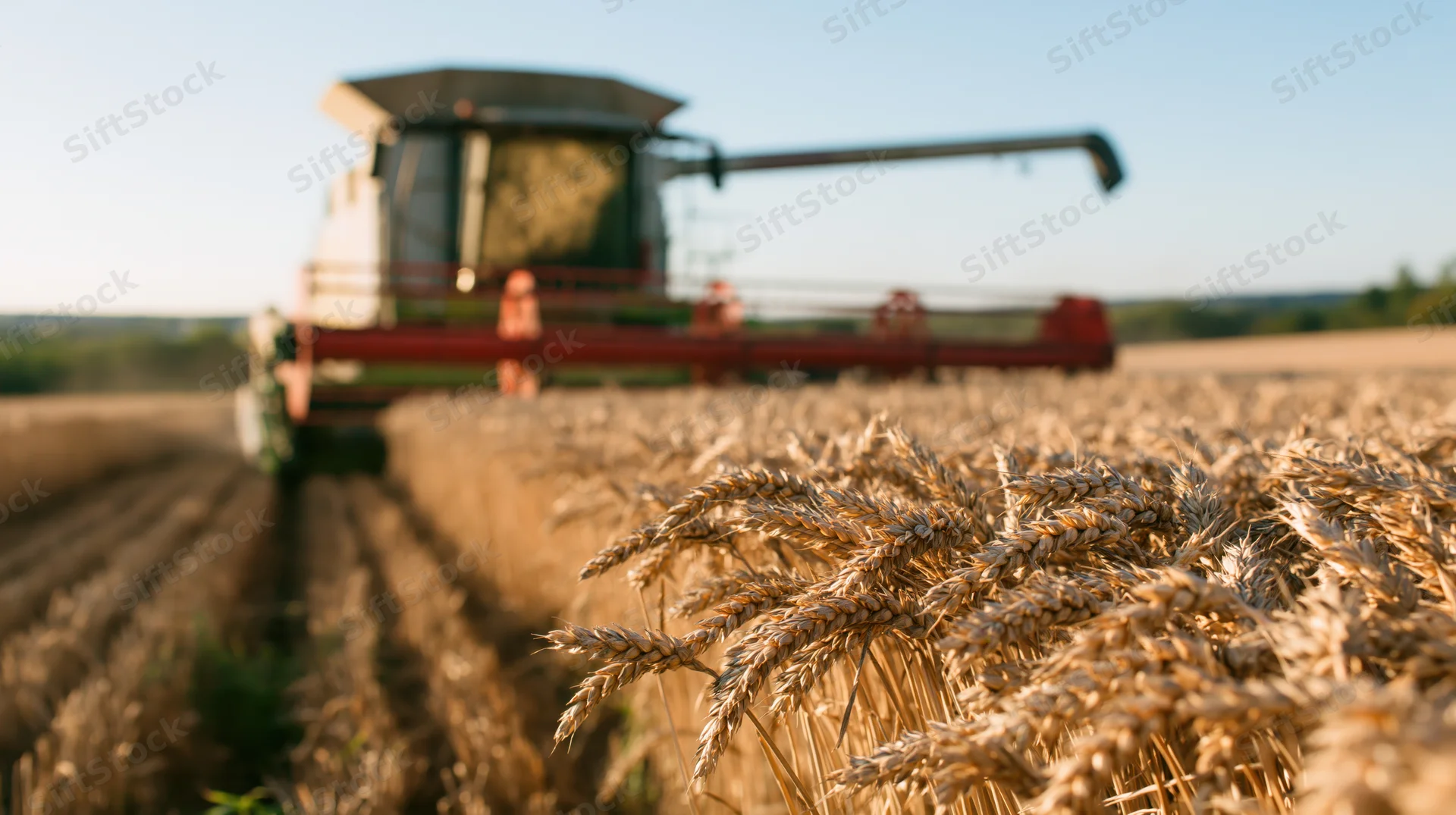 Combine harvester harvesting wheat in a golden field