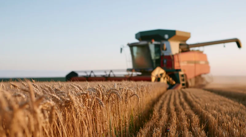 Combine harvester moving through a golden wheat field during harvest