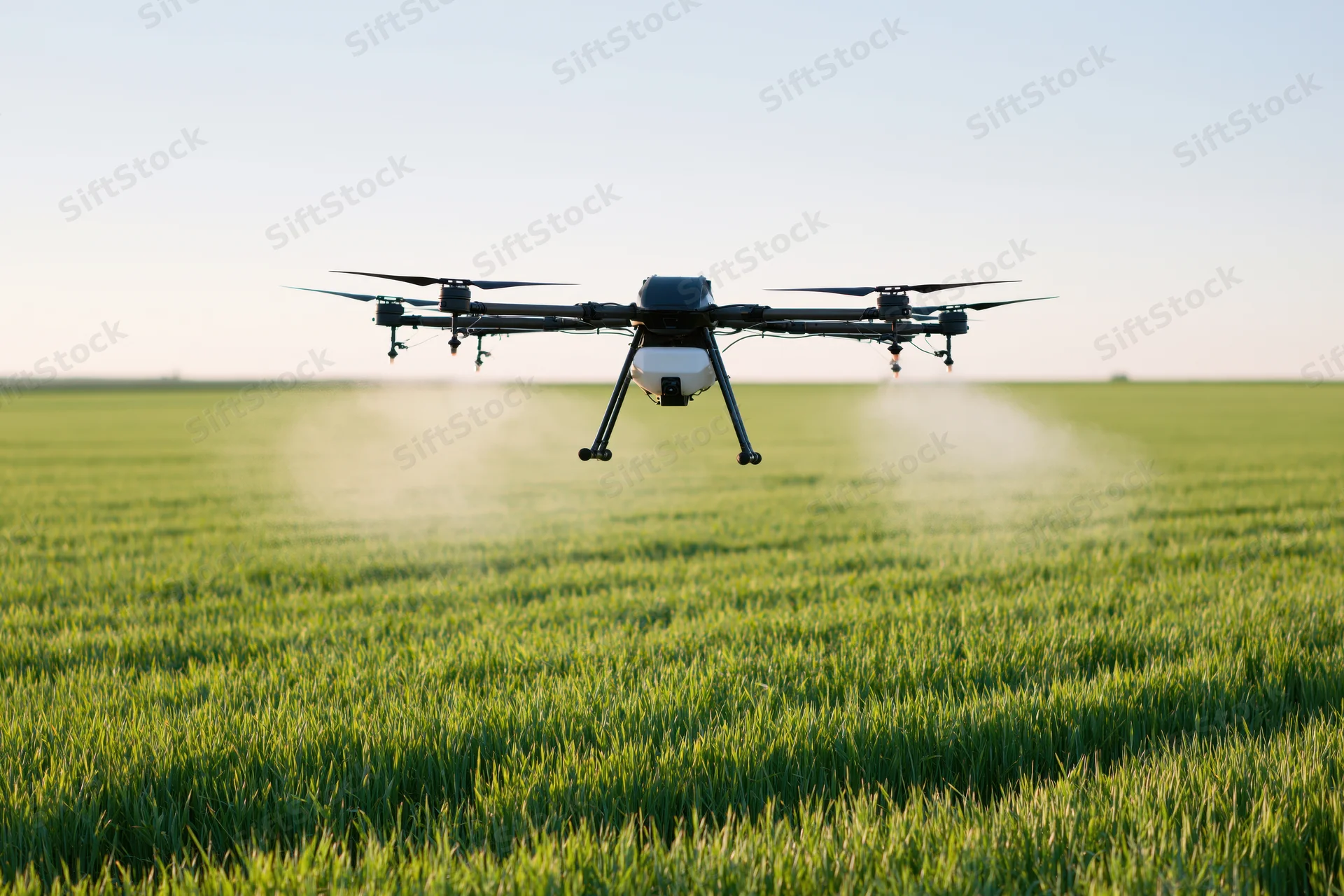 Drone hovering and spraying over green crop field