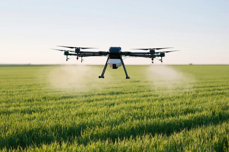 Drone hovering and spraying over green crop field