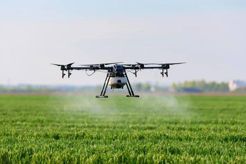 Agricultural drone hovering low over a green crop field spraying fertilizer