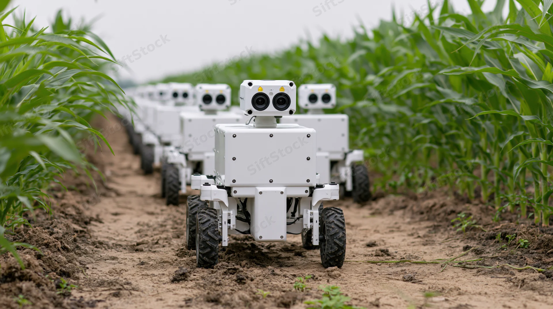 Line of white autonomous robots navigating between rows of corn in a farm field