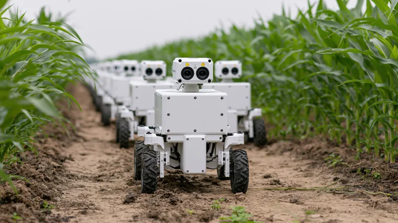 Line of white autonomous robots navigating between rows of corn in a farm field