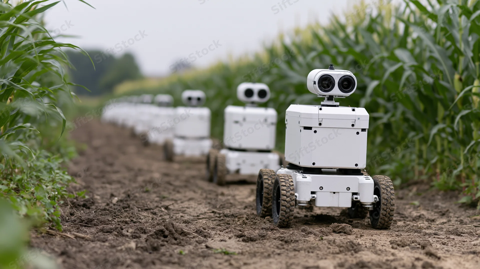 Line of white autonomous robots moving along a dirt path between rows of corn in a farm field