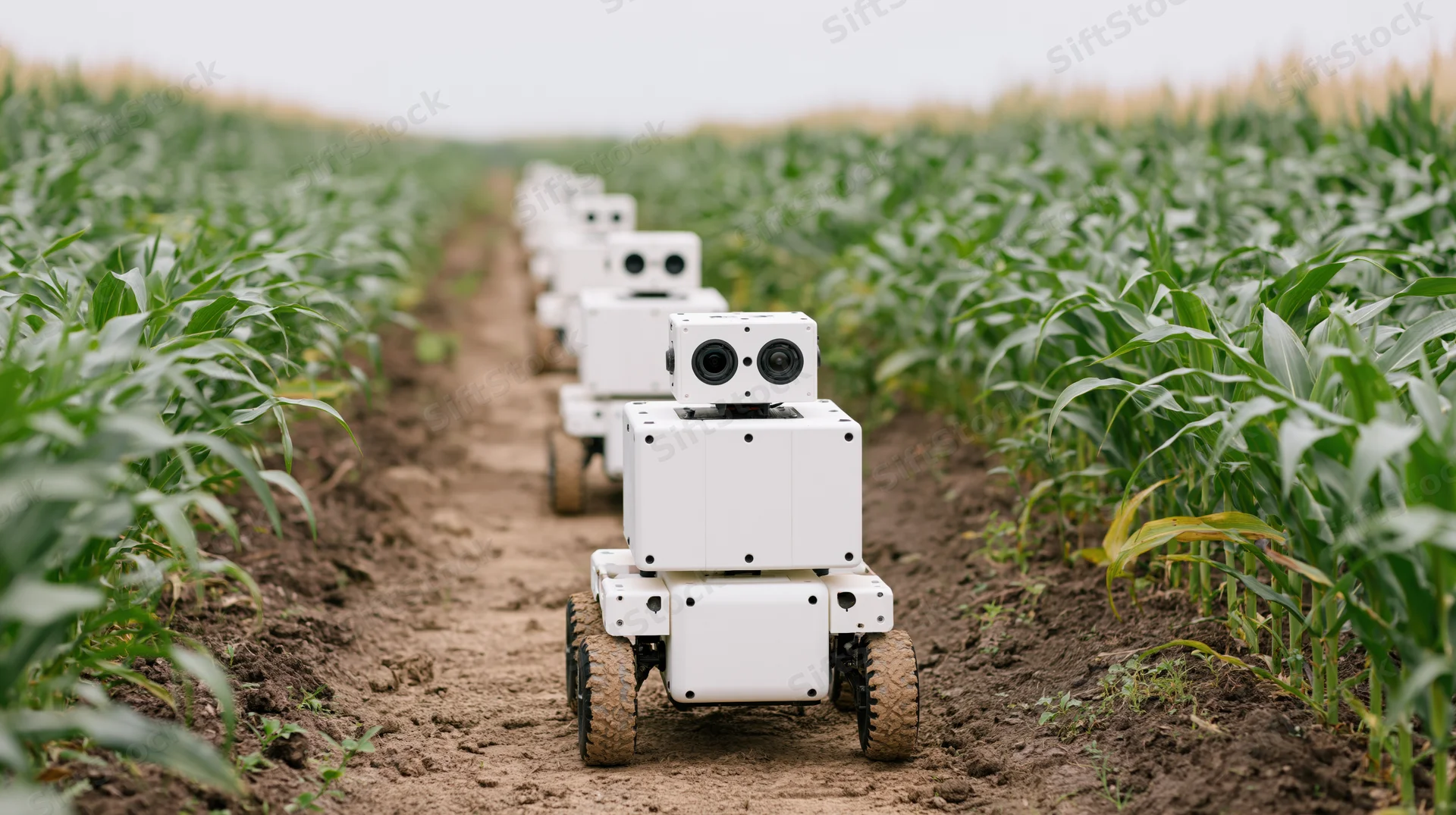 Line of white autonomous robots moving along a dirt path between rows of corn in a farm field