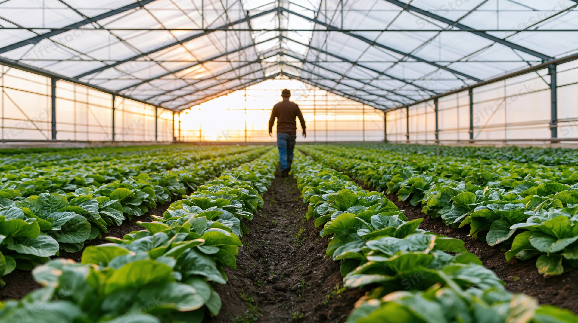 Farmer walking between rows of lettuce in a greenhouse at sunrise