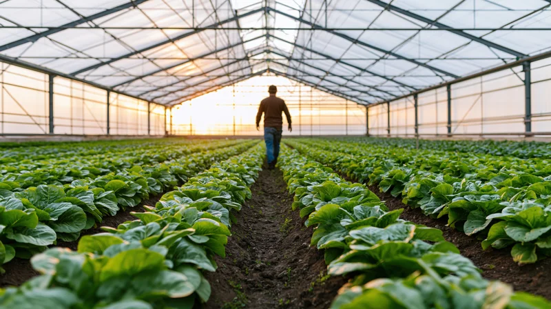 Farmer walking between rows of lettuce in a greenhouse at sunrise