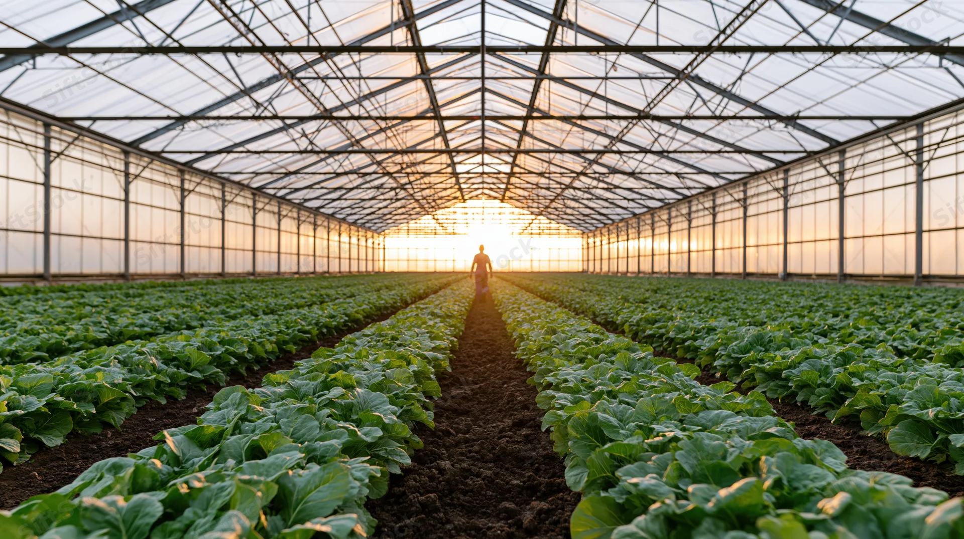 Farmer walking between rows of lettuce in a greenhouse at sunset