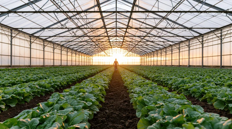 Farmer walking between rows of lettuce in a greenhouse at sunset