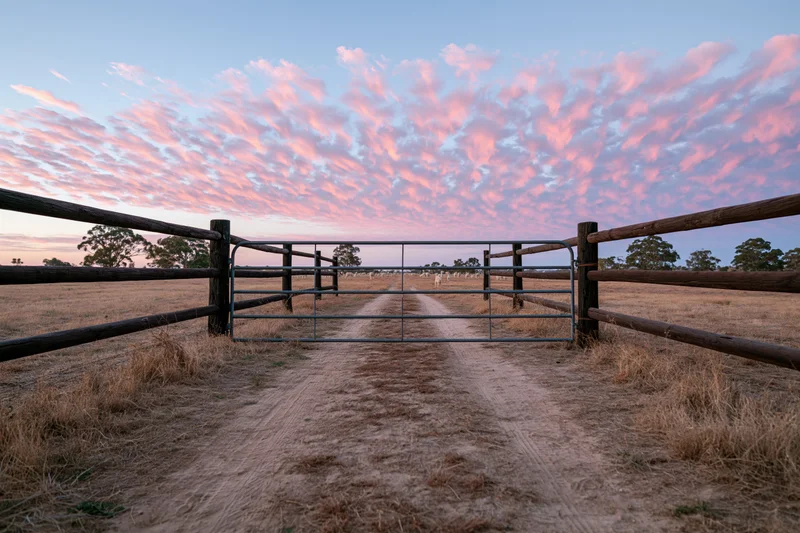 Metal farm gate flanked by dark timber post-and-rail fences in a dry pasture at sunset