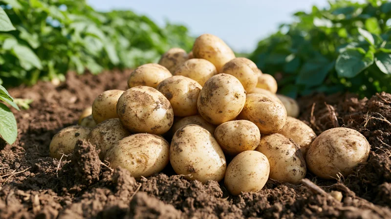 Pile of freshly harvested potatoes resting on soil in a garden field