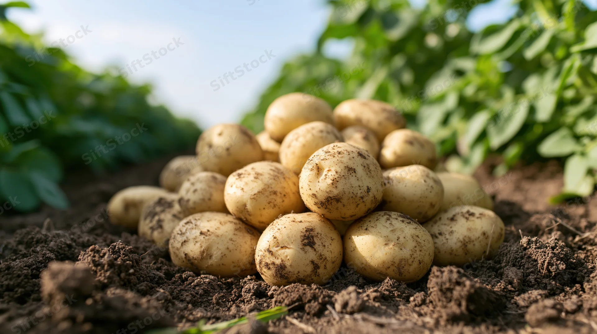 Freshly harvested potatoes piled on soil in a farm field