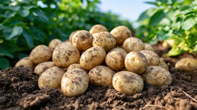 Freshly harvested potatoes piled on soil in a garden field
