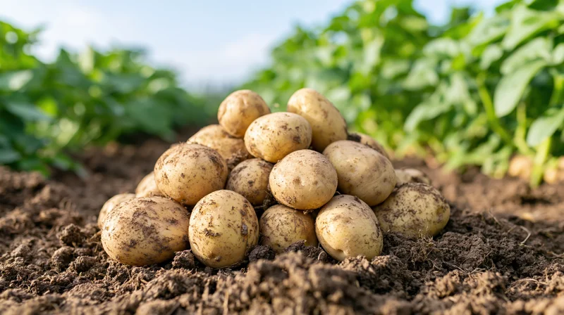 Pile of freshly harvested potatoes resting on soil in a farm field with green foliage in background