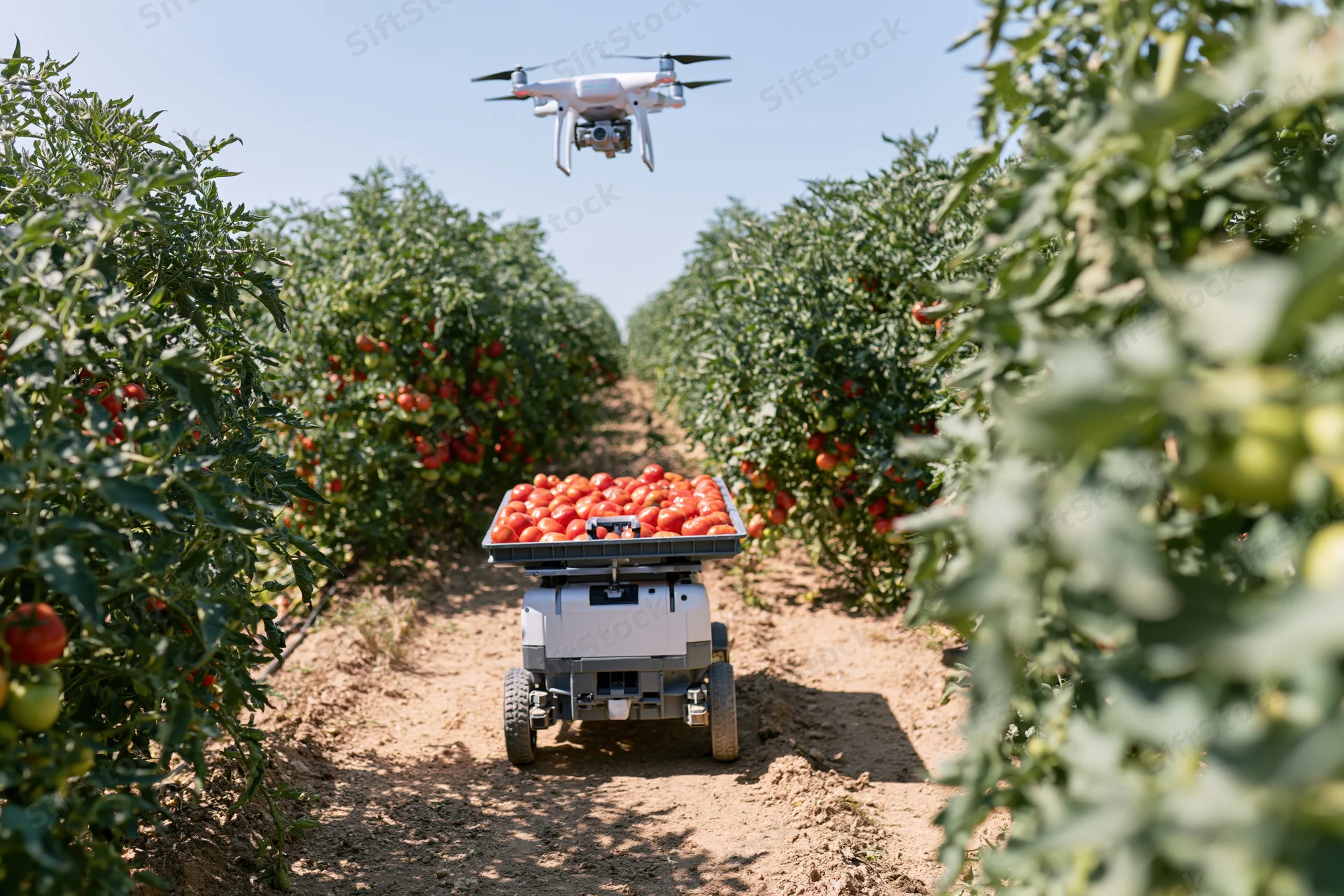 Drone hovering above a robot harvesting tomatoes in a farm field