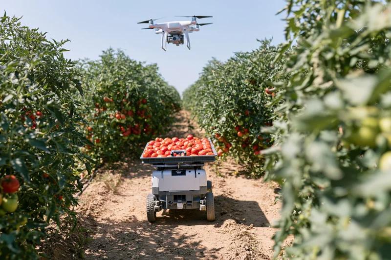 Drone hovering above a robot harvesting tomatoes in a farm field