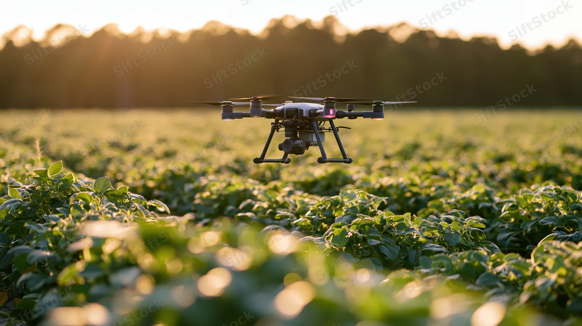 Drone hovering low over dense rows of green crop in a field at sunset