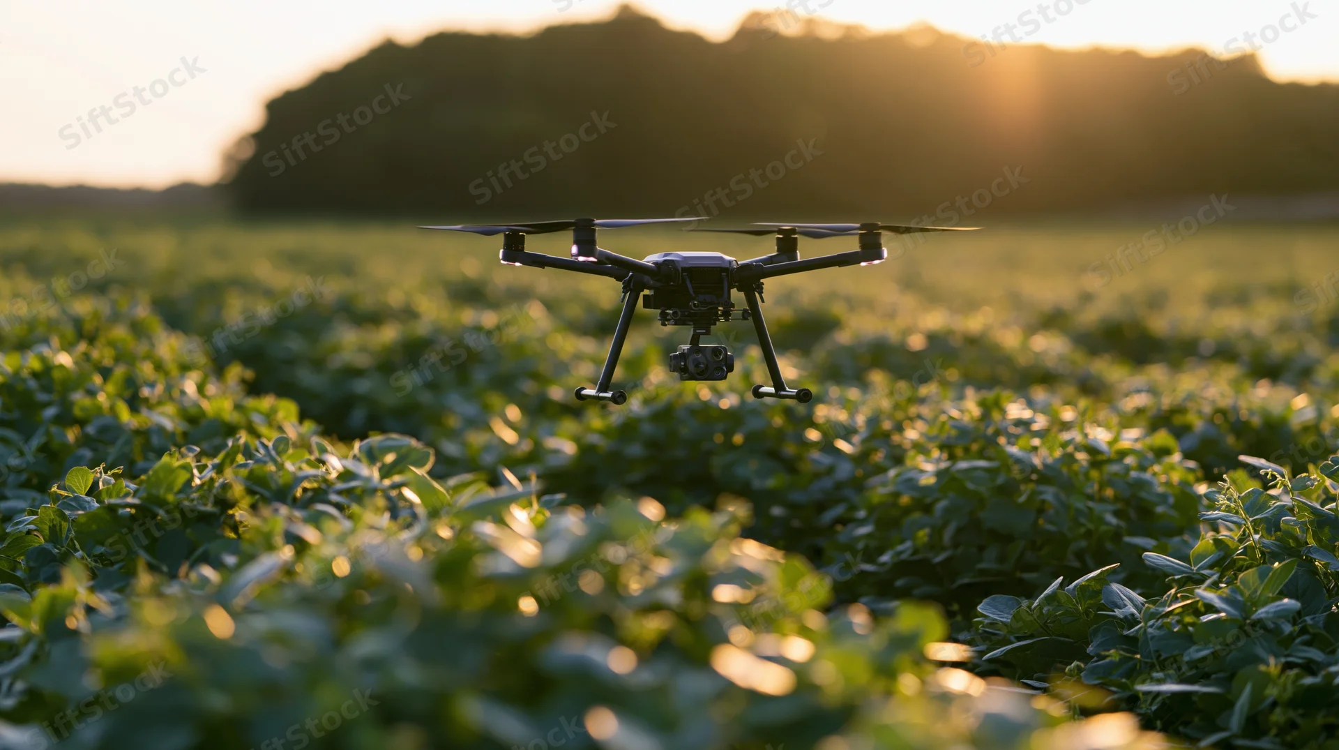 Drone hovering low over dense rows of green crop in a field at sunset