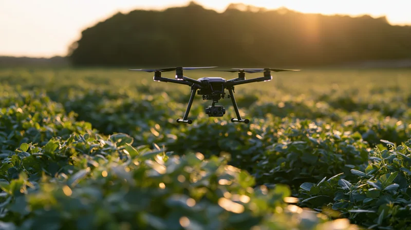 Drone hovering low over dense rows of green crop in a field at sunset