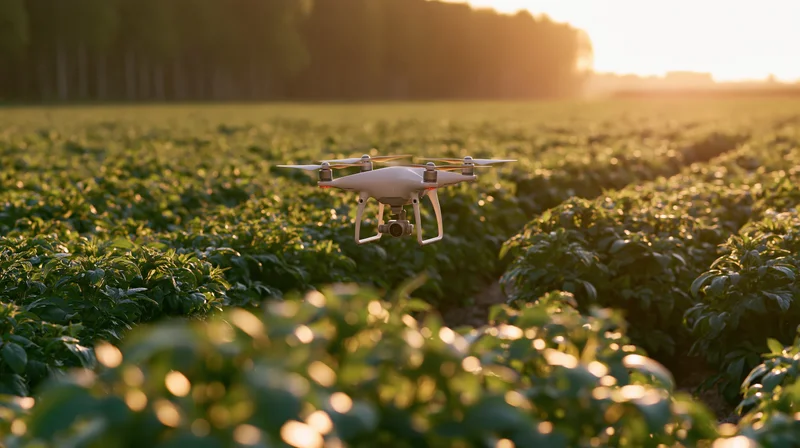 Drone Over Golden Field at Sunset Captures Aerial Agricultural Landscape