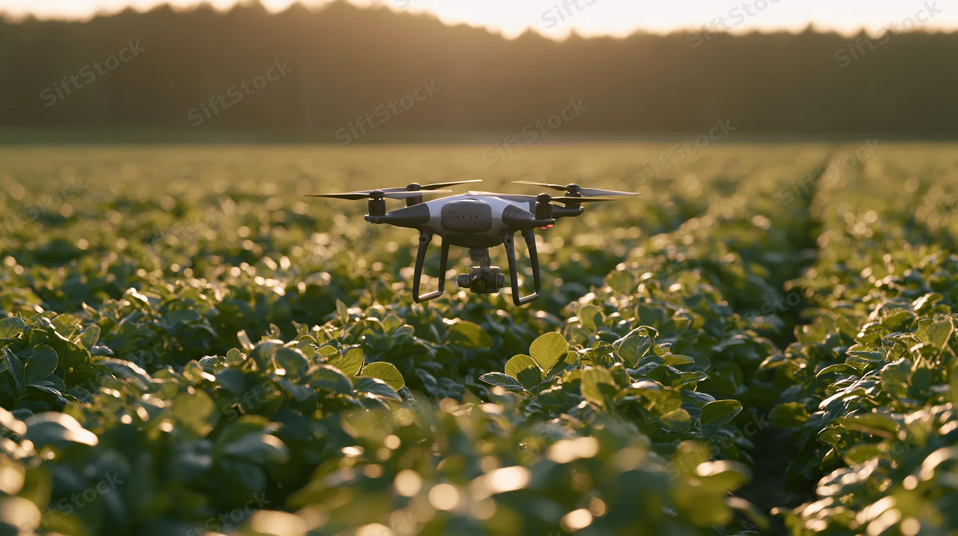Drone hovering low over rows of green crop in a field at sunset
