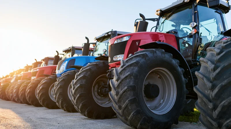 Row of red and blue agricultural tractors parked side by side on gravel at dusk