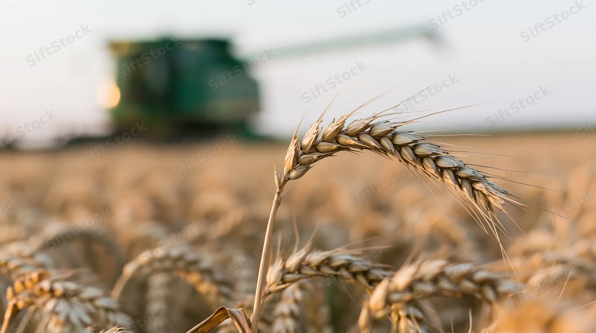 Close-up of a wheat stalk in a field with a combine harvester in the background during sunset