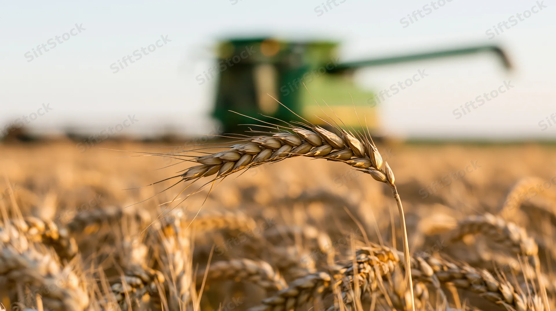 Close-up of a single wheat stalk in focus with a combine harvester in the background during harvest in a golden field