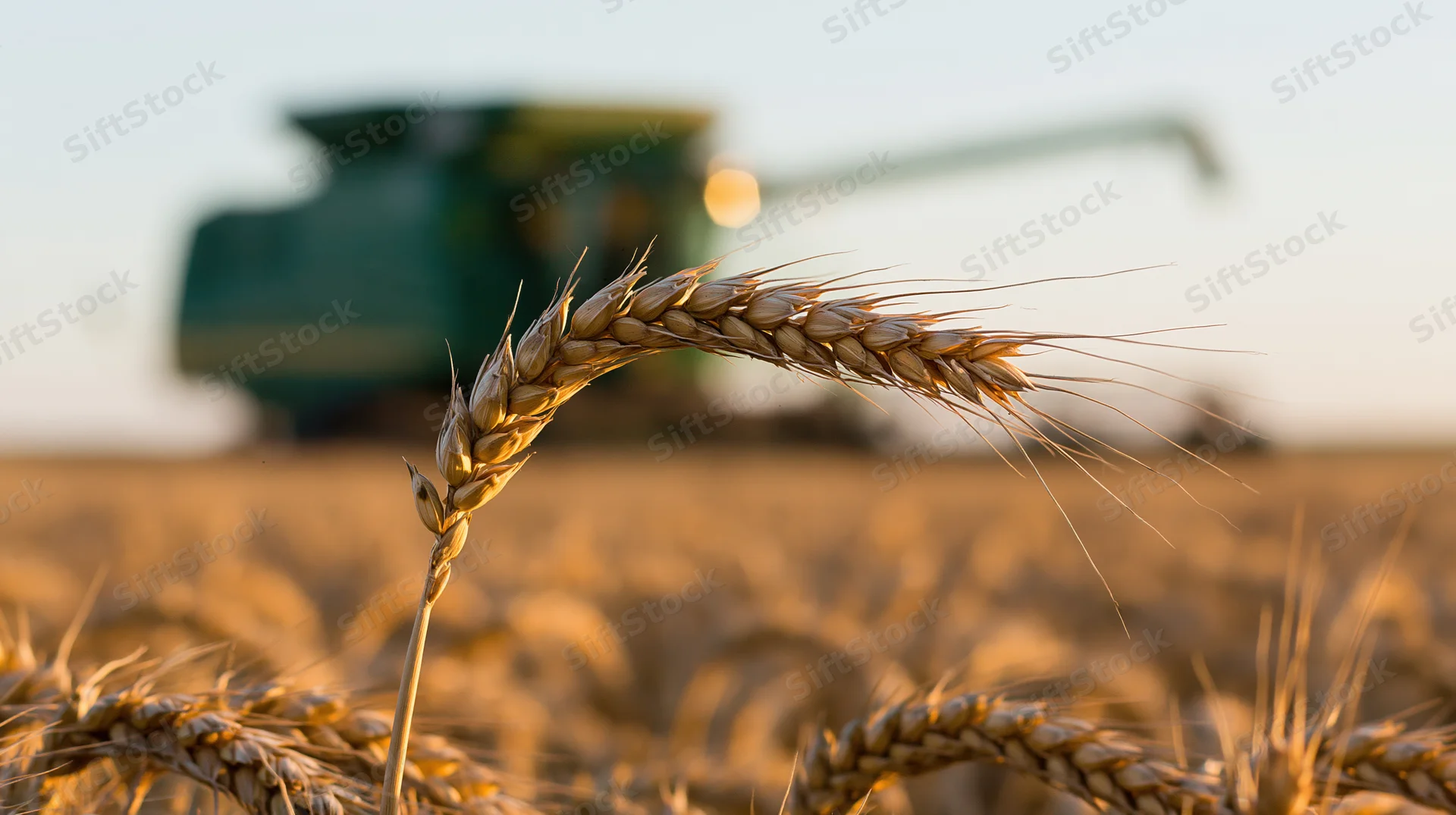 Close-up of a single wheat stalk in focus with a combine harvester in the background during harvest in a golden field