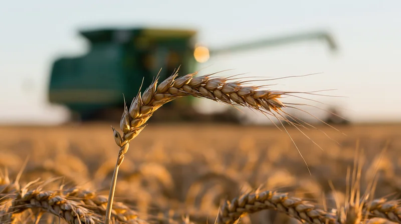 Close-up of a single wheat stalk in focus with a combine harvester in the background during harvest in a golden field
