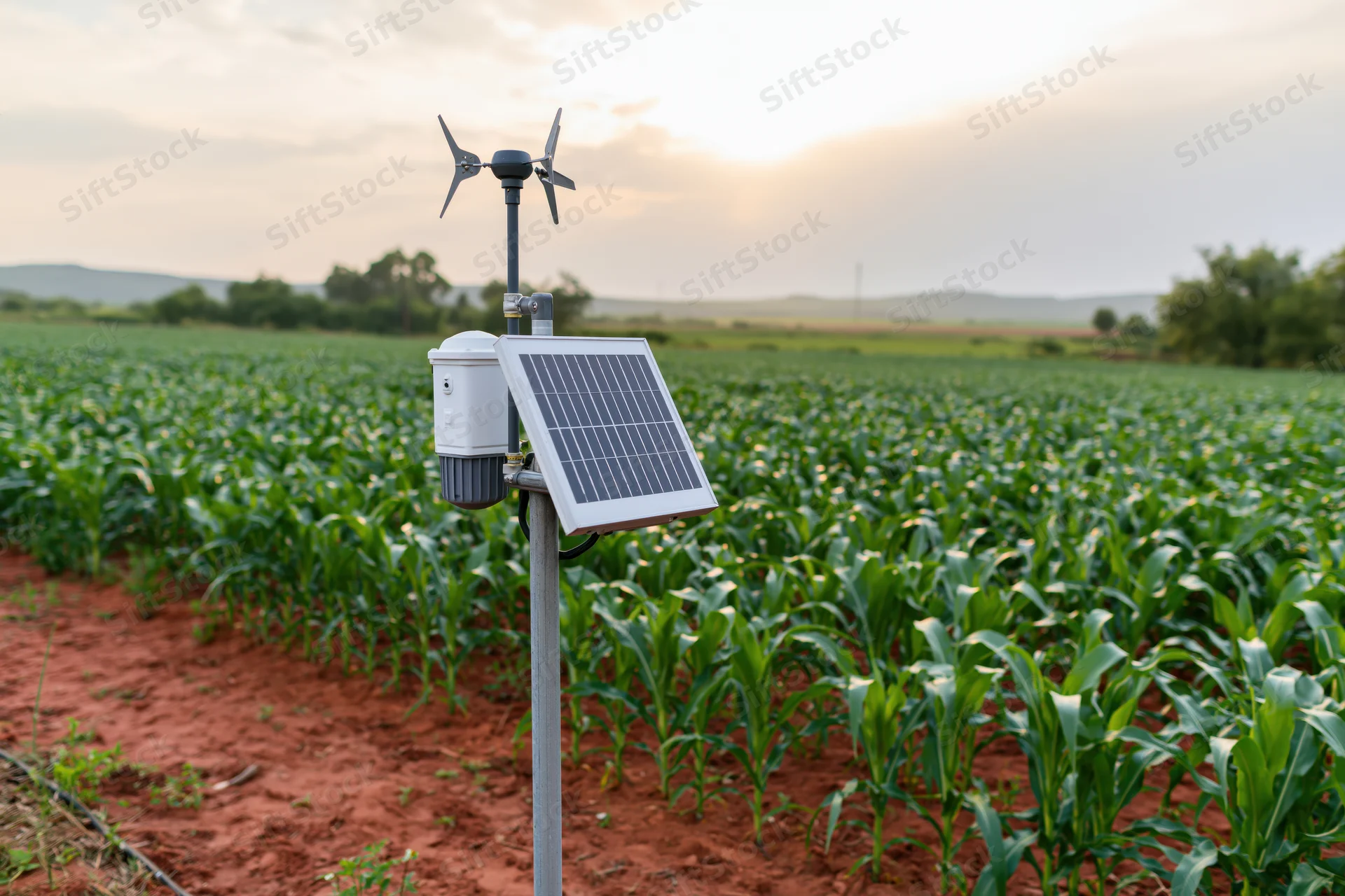 Small agricultural weather station with solar panel and wind vane mounted on metal pole in cornfield at sunset