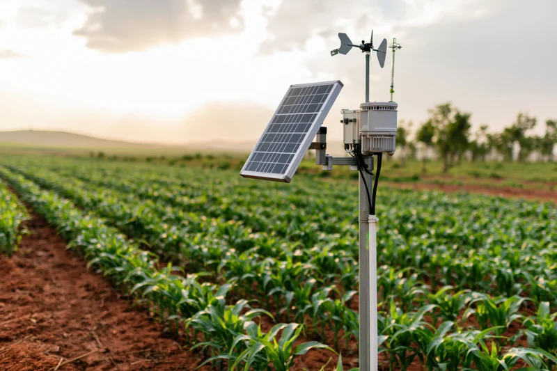 Small agricultural weather station with solar panel and sensors mounted on metal pole in cornfield