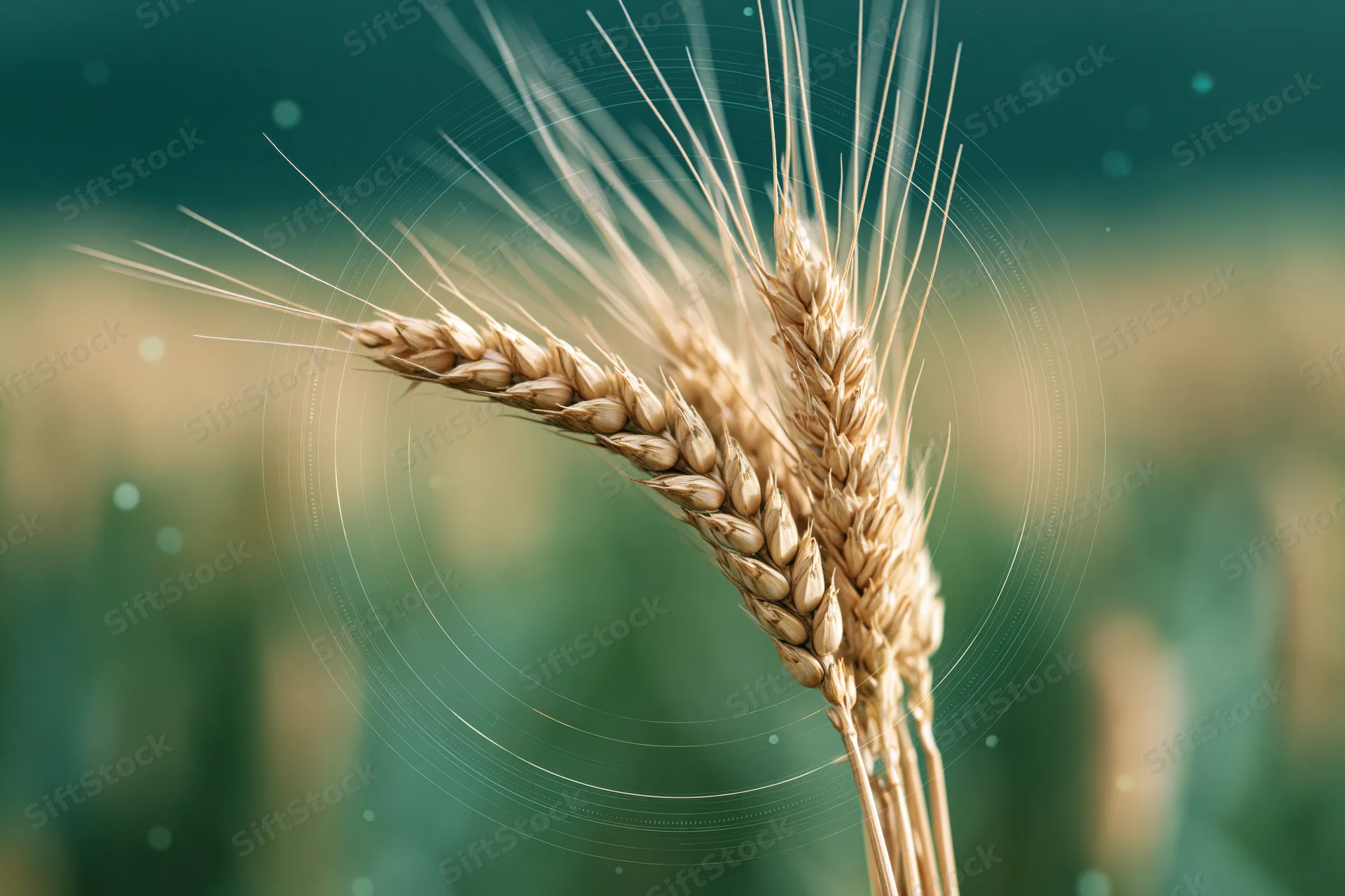 Golden wheat stalks standing upright in a field with digital overlay circles and bokeh background