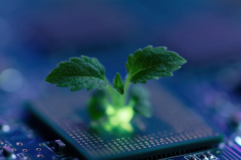 Small green plant sprouting from center of computer circuit board