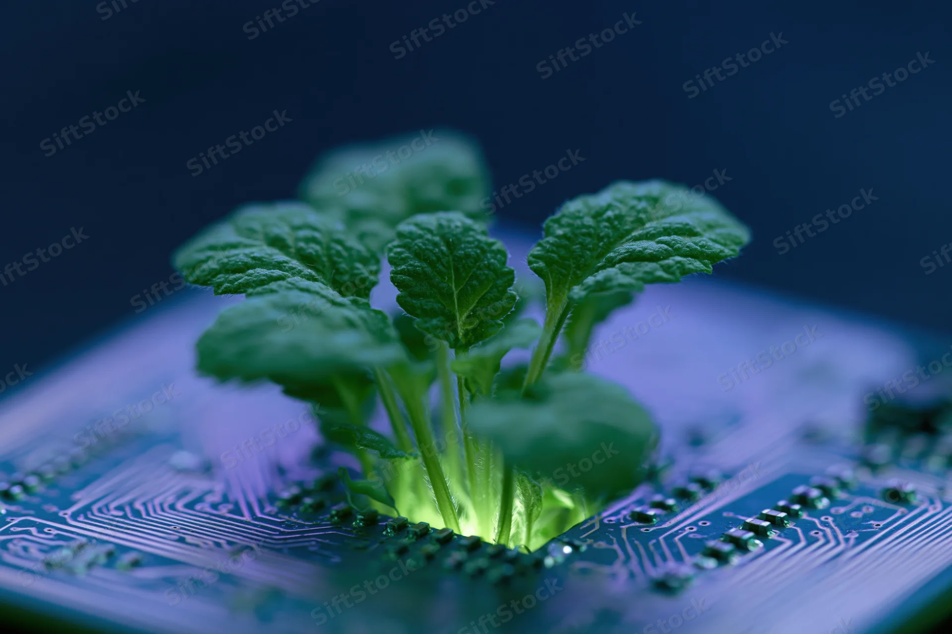 Small green plant sprouting from center of computer circuit board