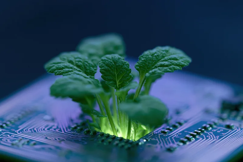 Small green plant sprouting from center of computer circuit board