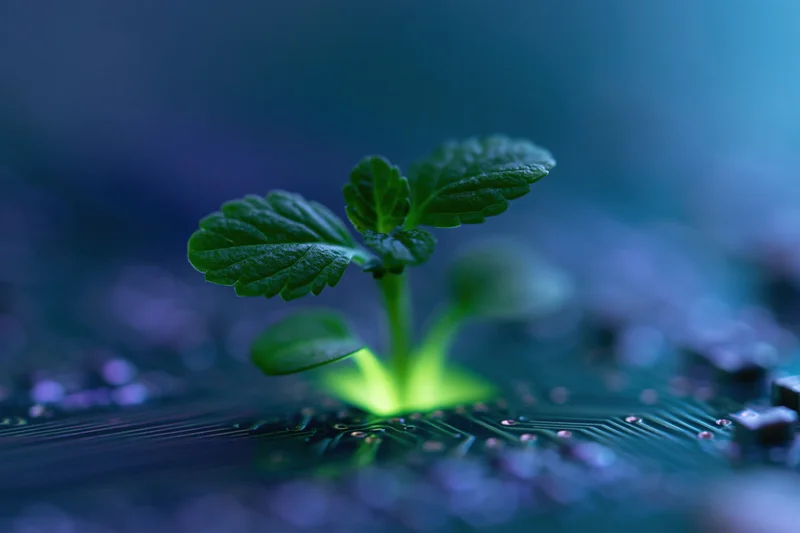 Small green plant sprouting from center of computer circuit board