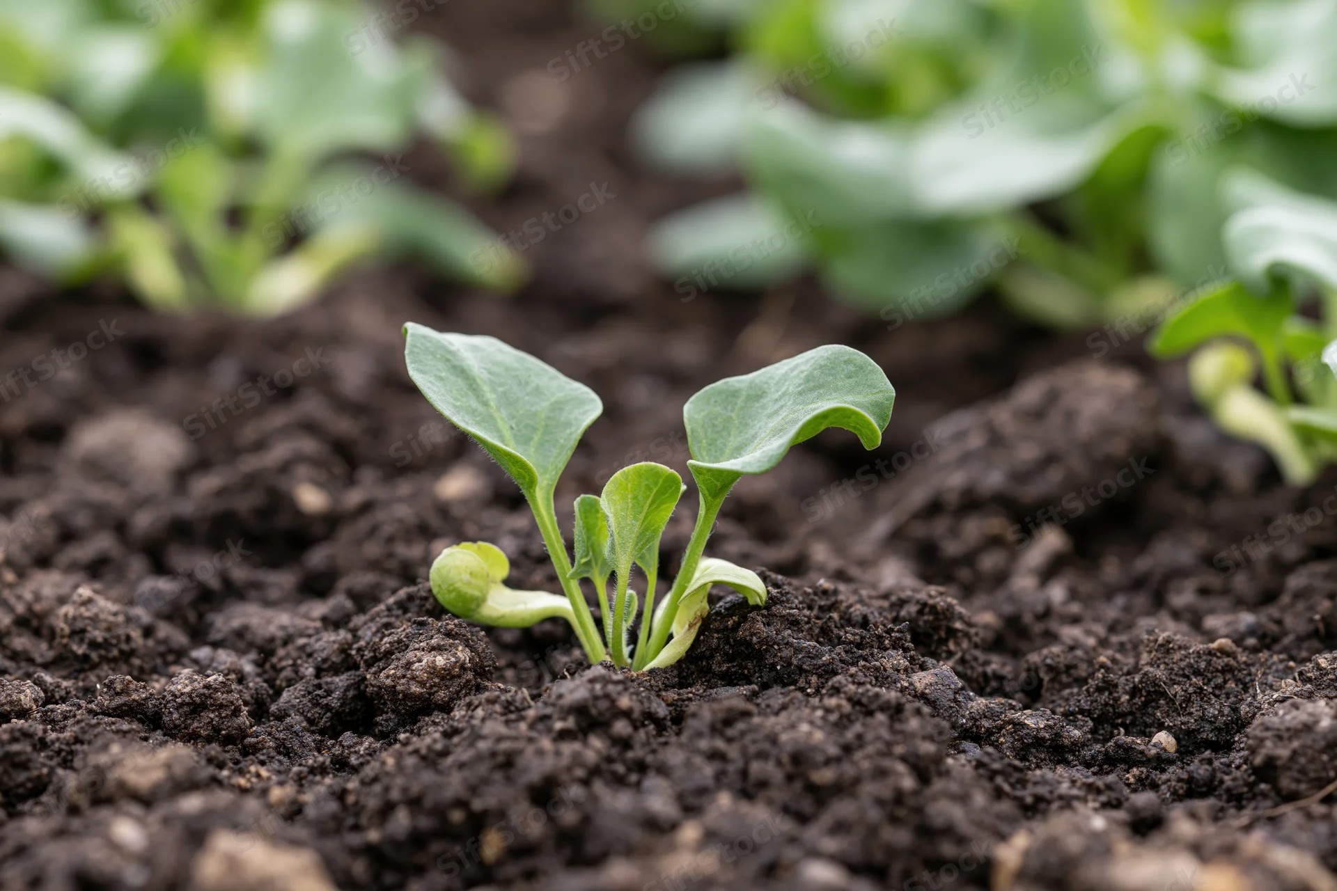 Small green seedling sprouting from dark moist soil in a garden bed