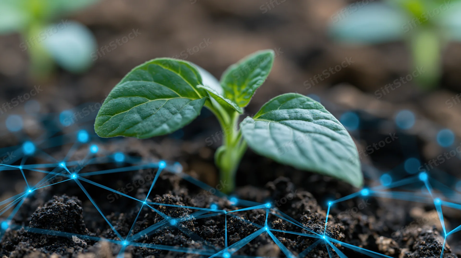 Small green seedling sprouting from dark moist soil with digital network overlay