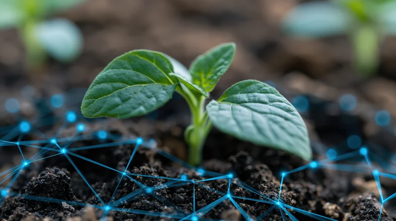 Small green seedling sprouting from dark moist soil with digital network overlay