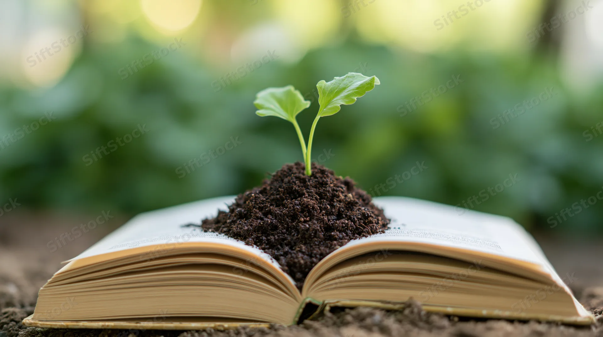 Small green seedling sprouting from soil mounded on an open book in a forest setting