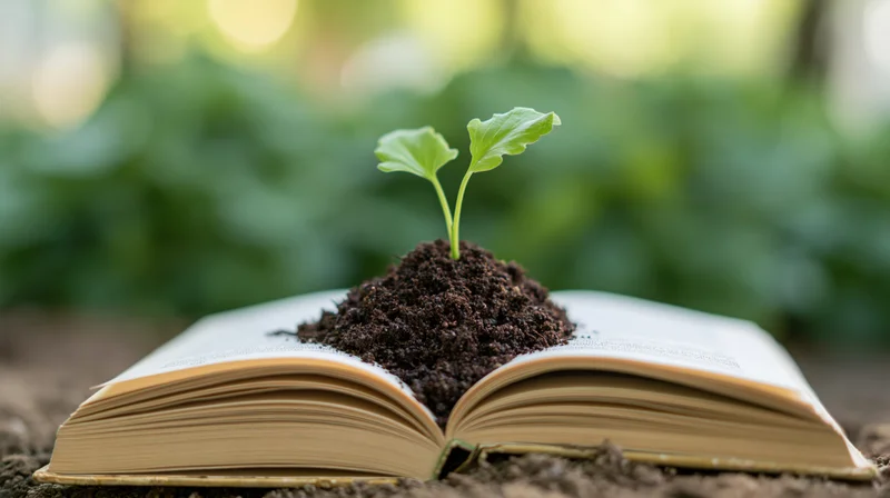 Small green seedling sprouting from soil mounded on an open book in a forest setting