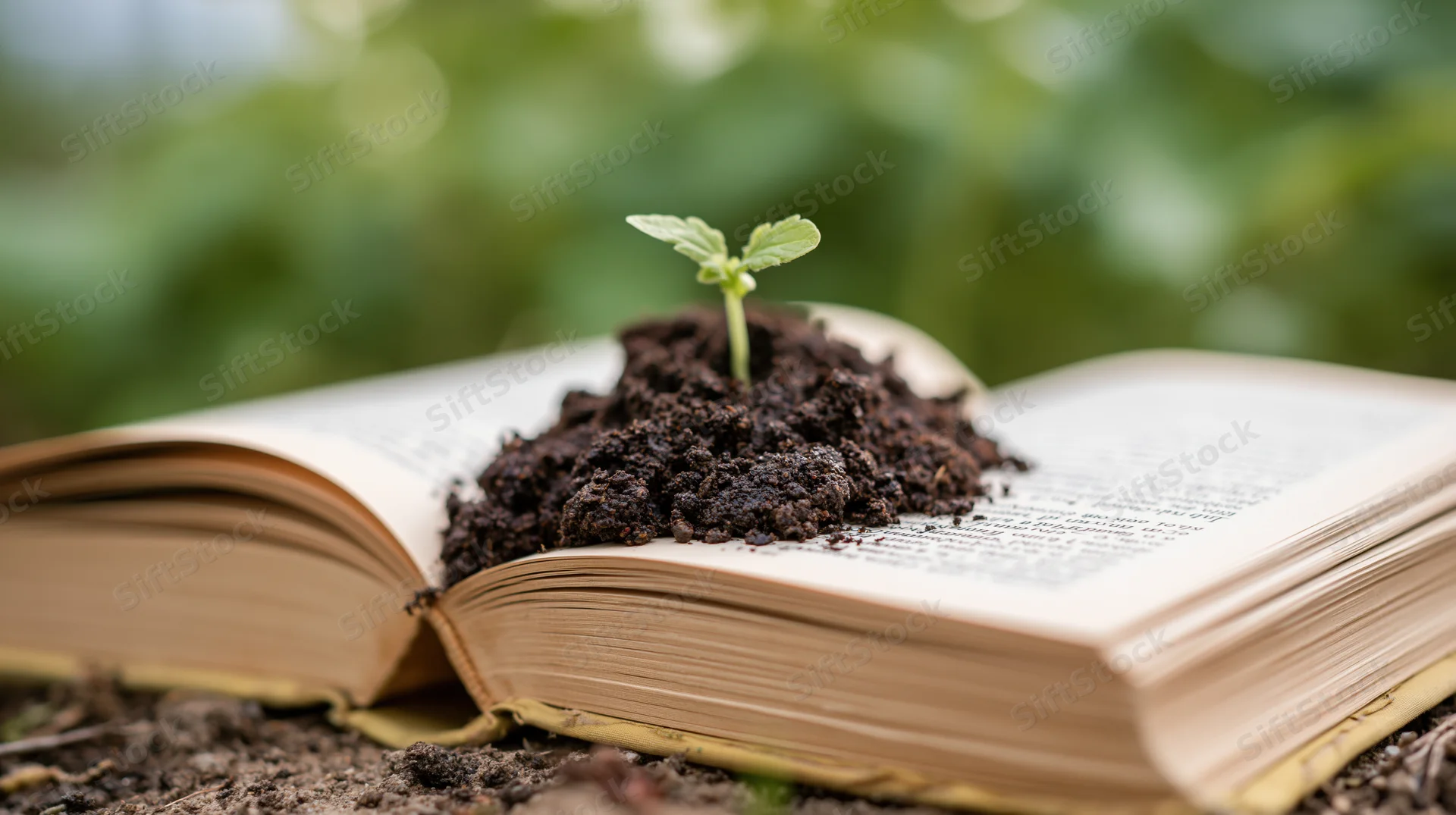 Small green seedling sprouting from soil mounded on open book outdoors