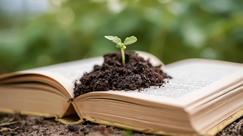 Small green seedling sprouting from soil mounded on open book outdoors
