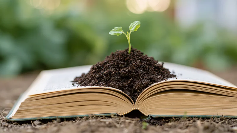 Small green seedling sprouting from soil mounded on open book pages outdoors