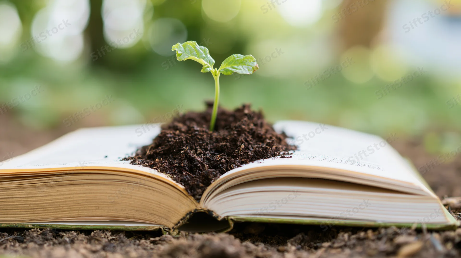 Small green seedling sprouting from soil mounded on open book lying on ground