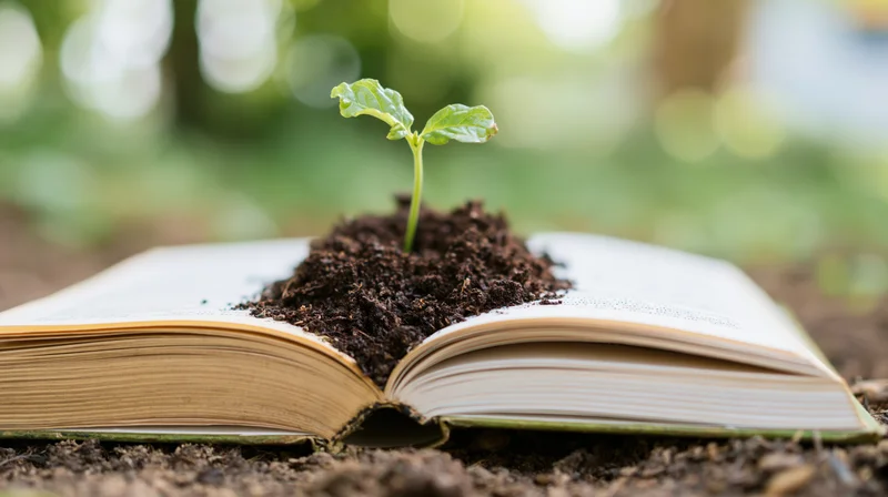 Small green seedling sprouting from soil mounded on open book lying on ground