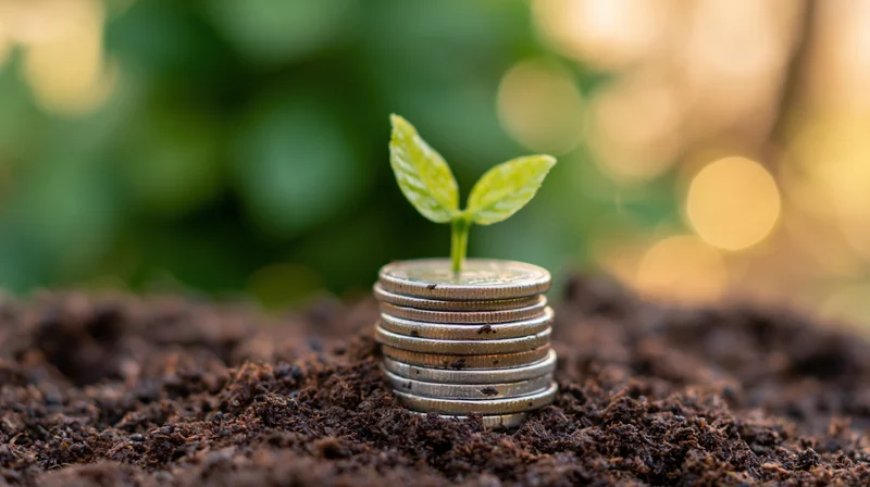 Small green seedling sprouting from a stack of coins in soil
