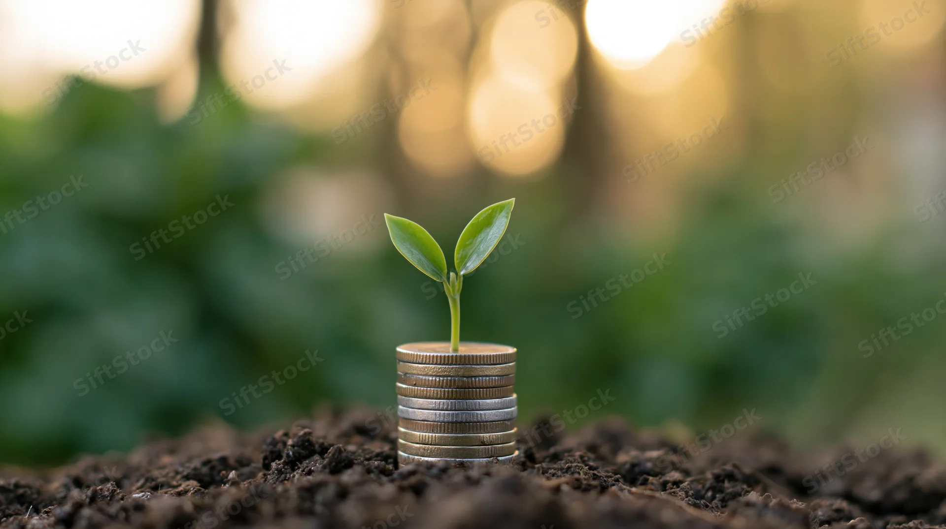 Small green seedling sprouting from a stack of coins in soil with blurred greenery and sunlight in the background
